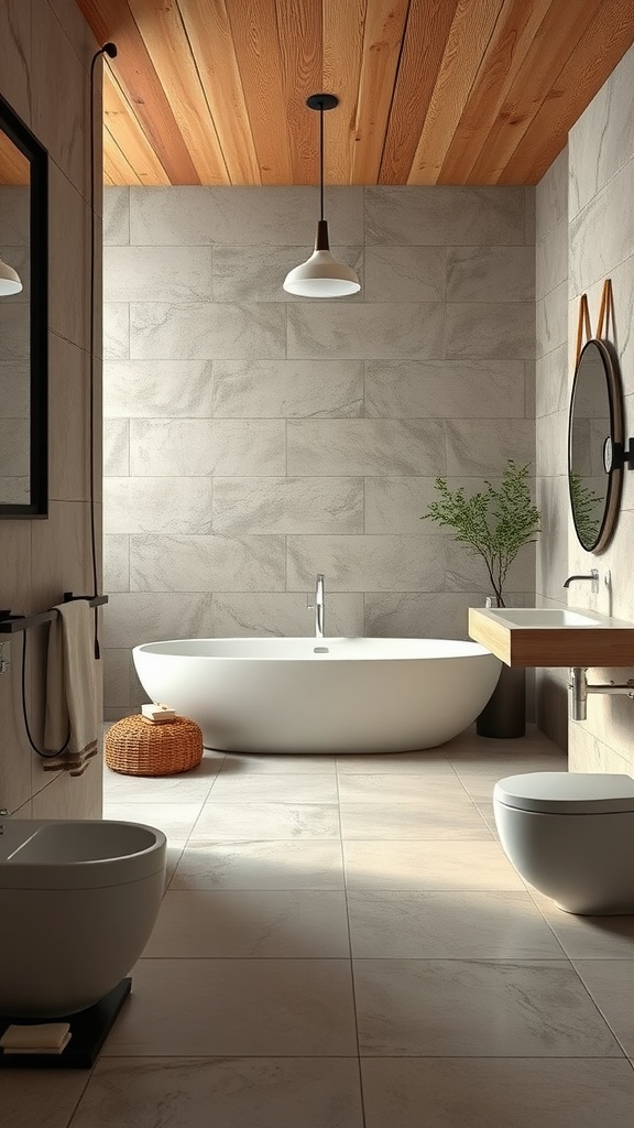 A modern rustic bathroom featuring large format tiles in soft earthy tones, a freestanding bathtub, and wooden ceiling.