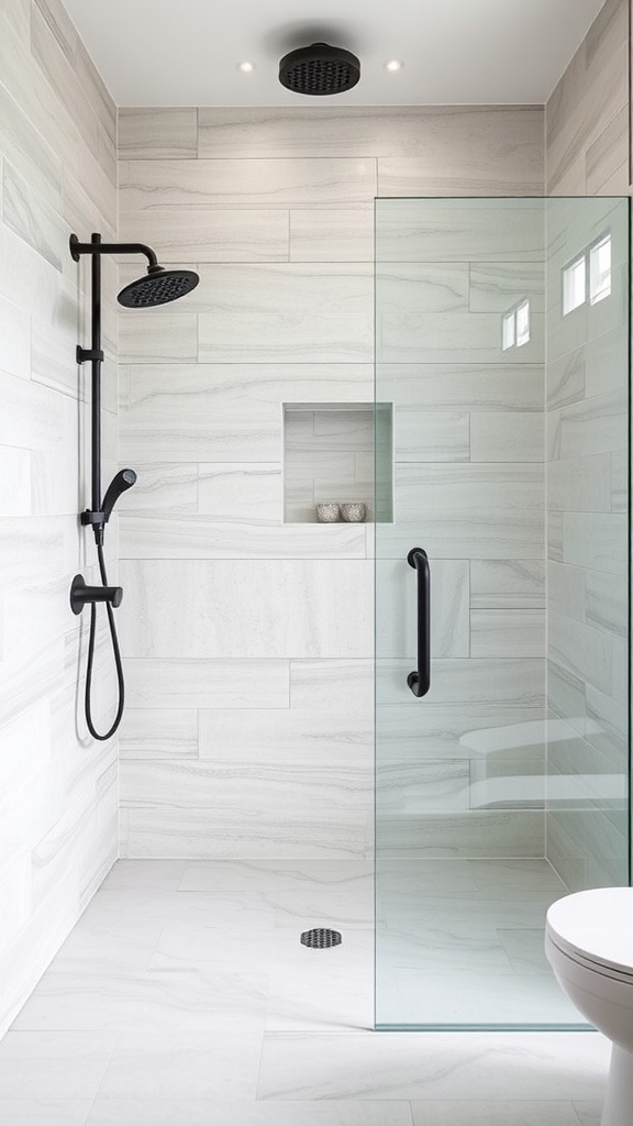 A modern farmhouse bathroom shower featuring large format tiles in soft tones, a glass enclosure, and black fixtures.