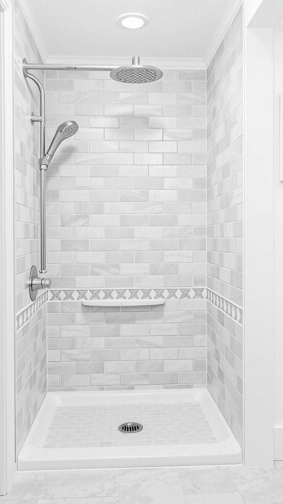 Farmhouse bathroom shower with light gray and white tile