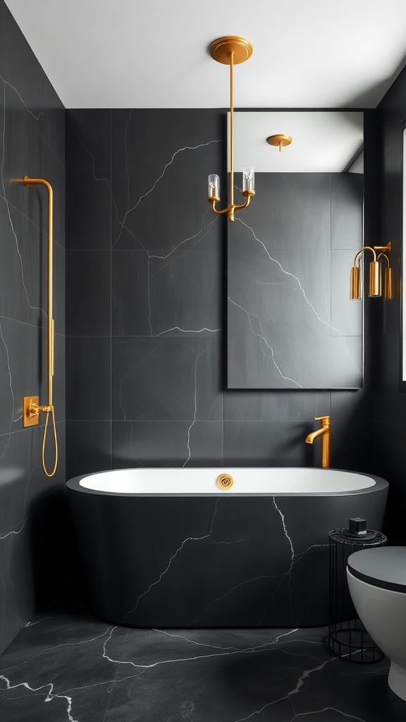 Luxurious matte black bathroom with gold fixtures and a freestanding tub