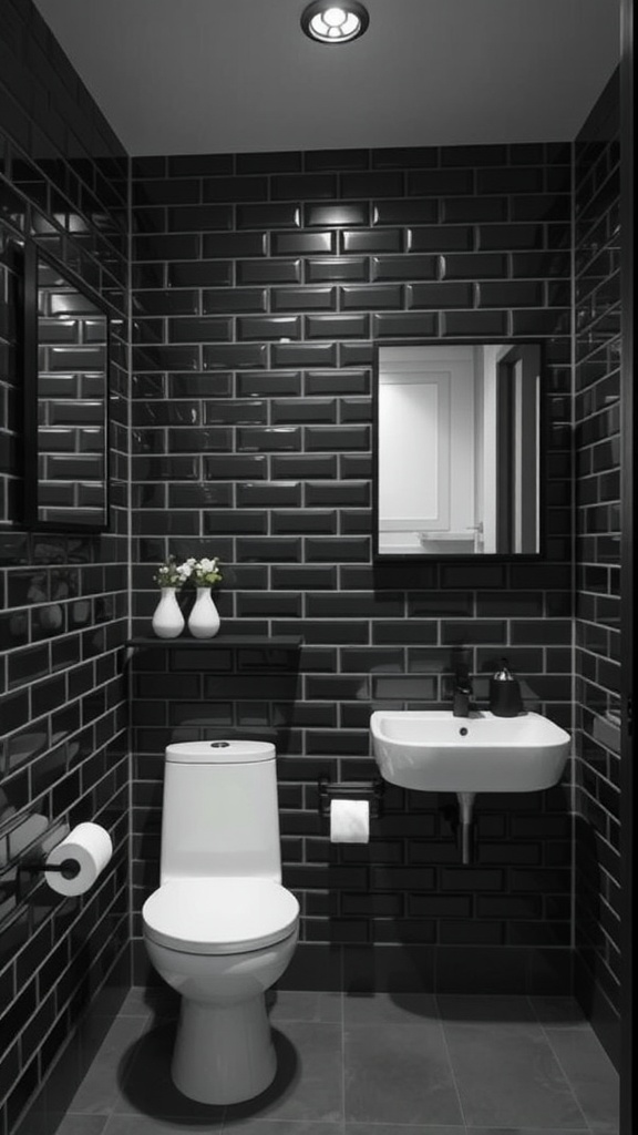 A modern bathroom featuring black subway tiles, a white toilet, a wall-mounted sink, and decorative vases.