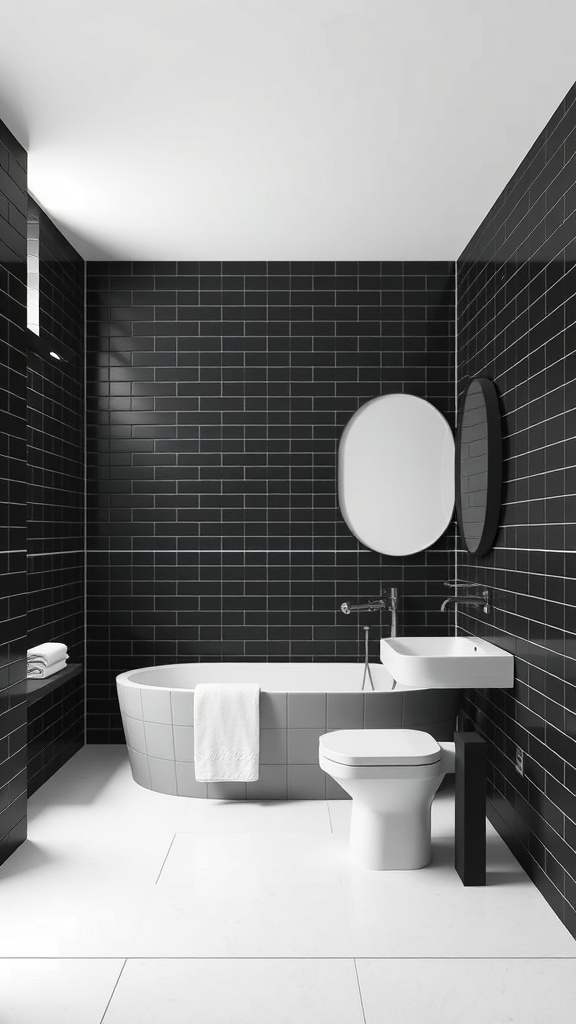 A modern bathroom with black tiled walls, white fixtures, and minimal decor.