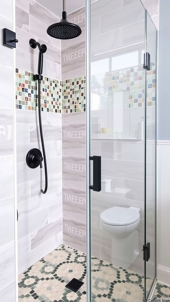 A modern farmhouse bathroom shower featuring mosaic tile accents and patterned floor tiles.