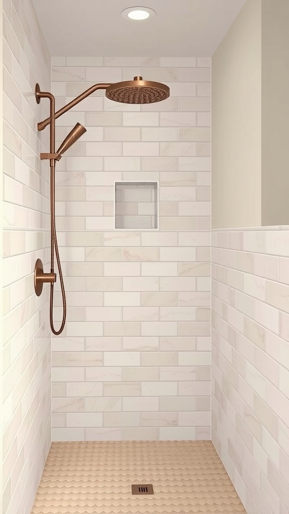 A bathroom shower with muted pastel tiles and a warm metallic showerhead