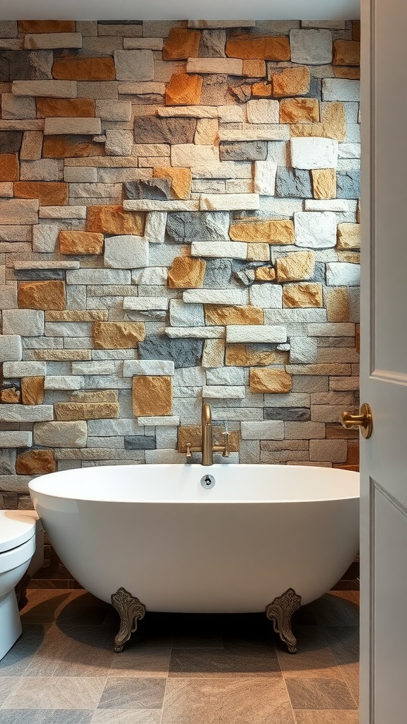 A rustic bathroom featuring a natural stone accent wall and a freestanding tub.