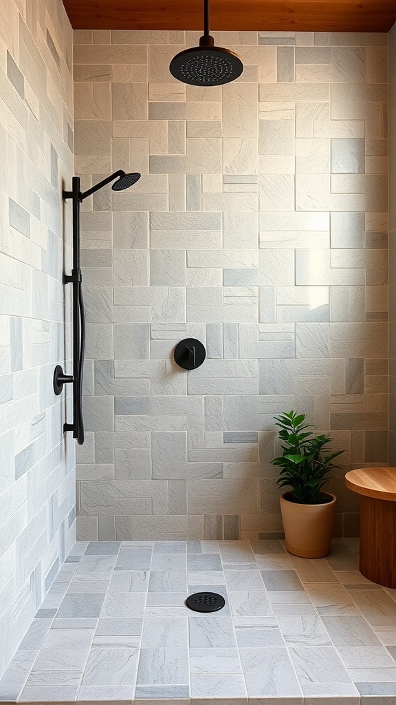 A farmhouse bathroom shower featuring natural stone tiles in light gray, with black fixtures and a small plant.