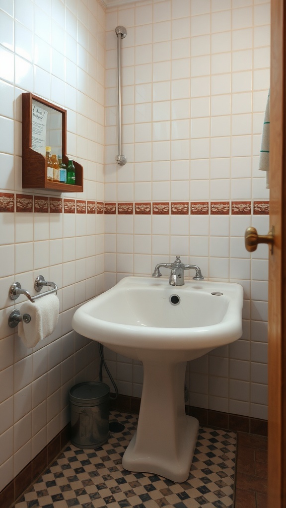 A vintage bathroom with white tiles, reddish-brown grout, and checkerboard flooring.