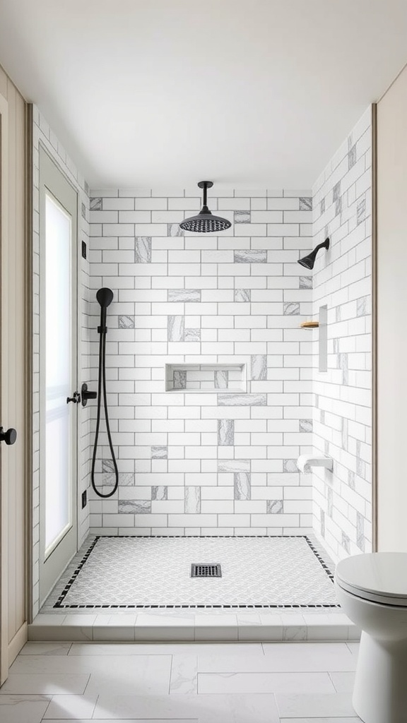 A modern open concept shower with white and gray tiles, featuring black fixtures and a clean design.