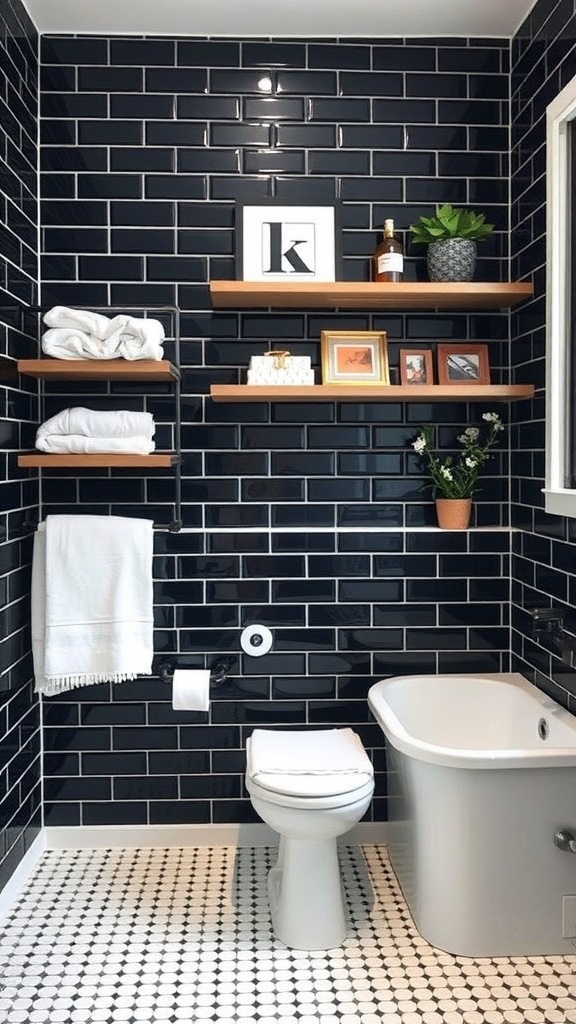 Modern bathroom with black subway tiles and open wooden shelves