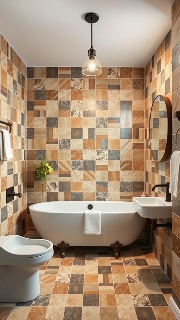 A rustic bathroom featuring patchwork tile designs on the walls and floor, a freestanding bathtub, and a modern sink.