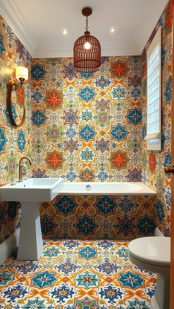 A rustic bathroom featuring colorful patterned cement tiles on the walls and floor, with modern fixtures.