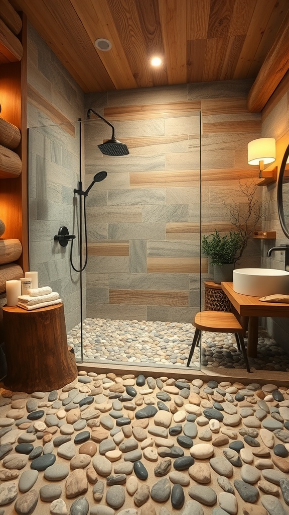 A rustic bathroom featuring a pebble stone shower floor with wooden accents.