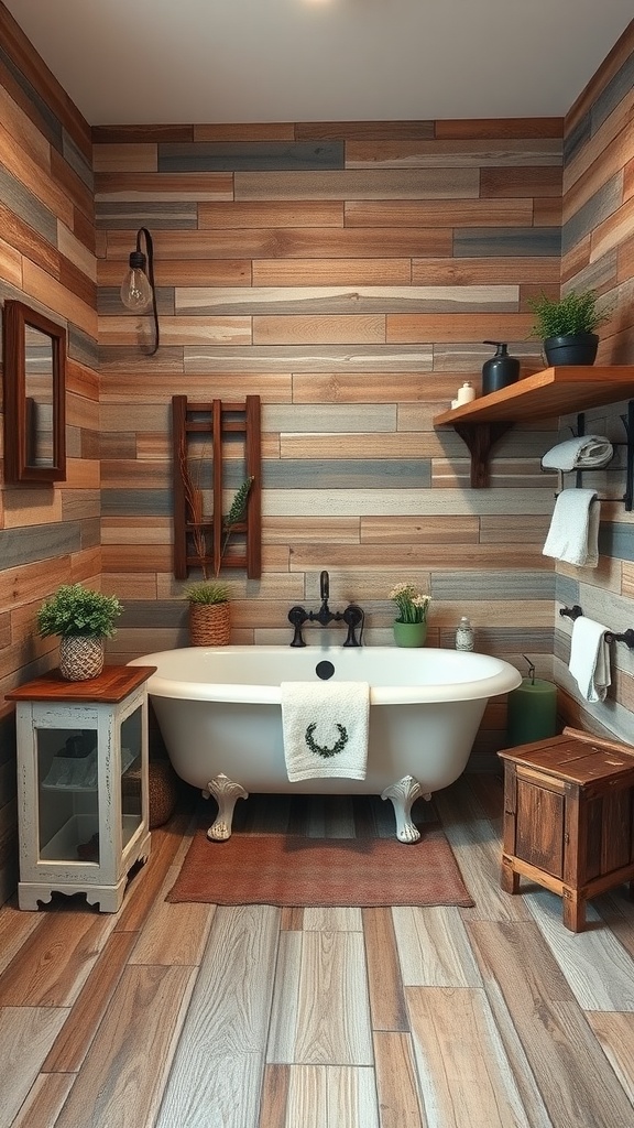 Rustic bathroom featuring reclaimed wood look tiles, a clawfoot bathtub, and natural decor.