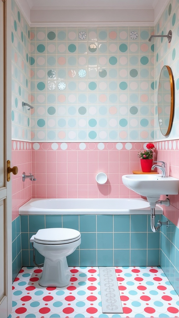 Bathroom decorated with retro polka dot tiles in pastel colors