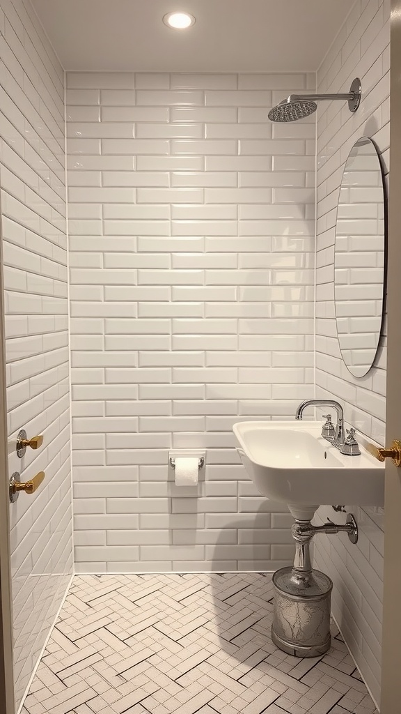 A vintage bathroom featuring retro subway tiles in white, complemented by a herringbone patterned floor and a vintage sink.