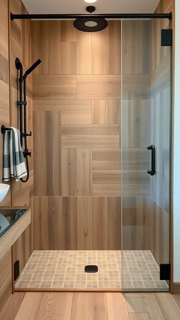 Rustic barnwood tile shower with black fixtures and glass door