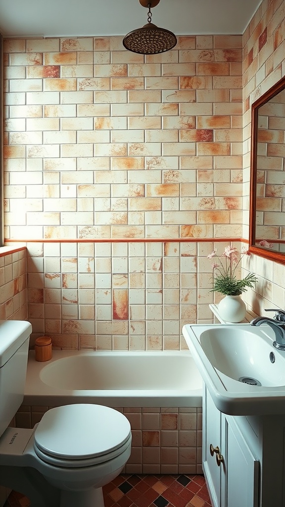 A rustic bathroom featuring glossy finish tiles in warm earthy tones, a white sink, and a bathtub