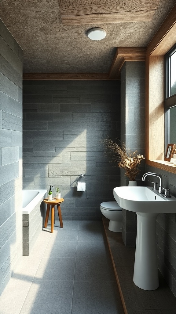 A bathroom featuring rustic grey slate tiles with modern fixtures and wooden accents, illuminated by natural light.