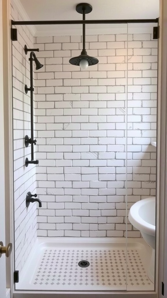 Rustic farmhouse bathroom shower with white subway tiles and black fixtures