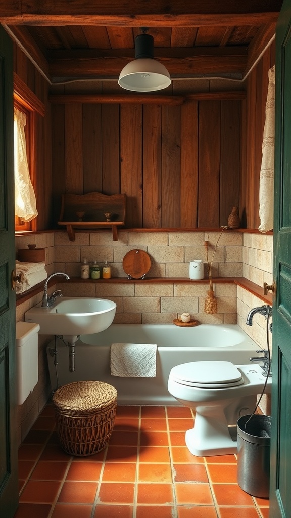 A cozy bathroom featuring rustic terracotta floor tiles, wooden walls, and warm lighting.