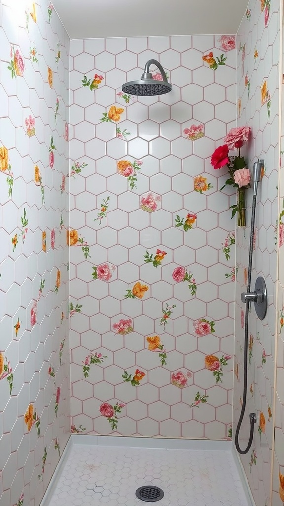 A shower with shabby chic hexagon tiles featuring floral patterns in pastel colors.