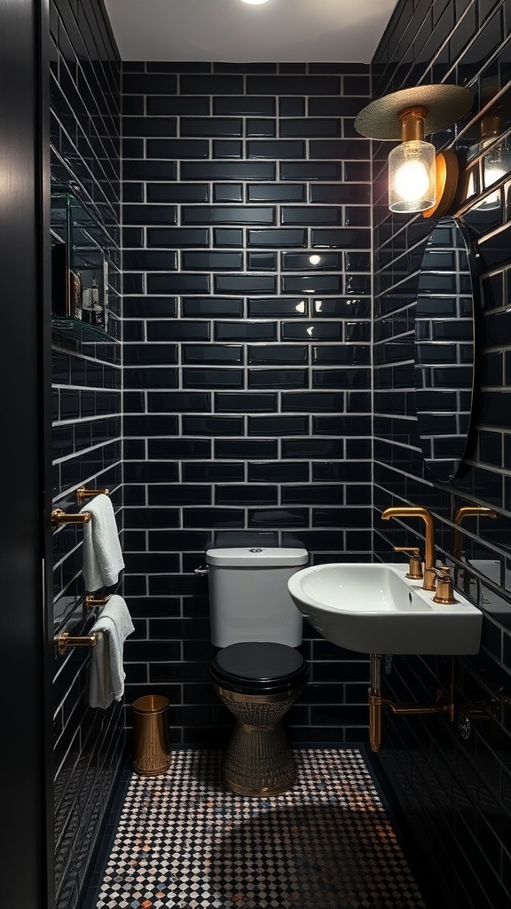 A stylish bathroom featuring black subway tiles, gold fixtures, and a modern design.