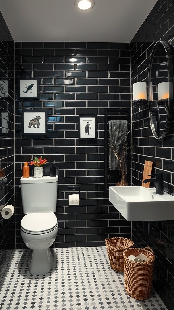 A stylish black subway tile bathroom featuring artistic accessories.