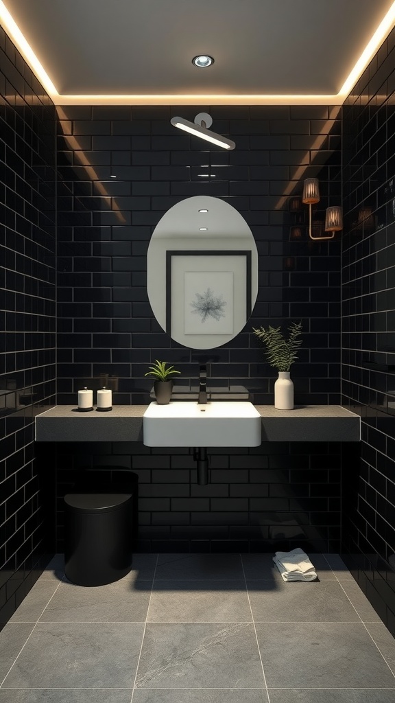 A modern black tile bathroom featuring a sleek design with plants, candles, and stylish lighting.