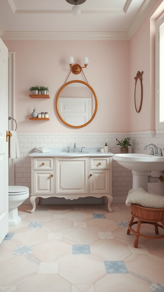 A vintage bathroom featuring soft pastel hexagonal tiles on the floor, complemented by pink walls and elegant furnishings.