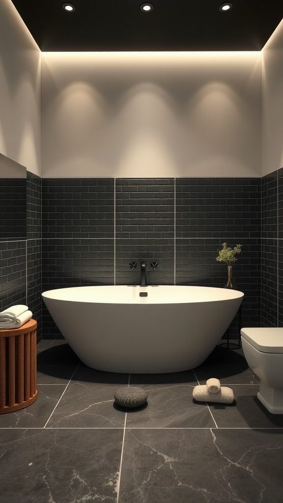 A modern spa-inspired bathroom featuring black tiles, a freestanding tub, and soft lighting.