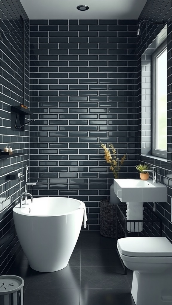 Bathroom featuring black subway tiles, a freestanding tub, minimalist decor, and natural elements.