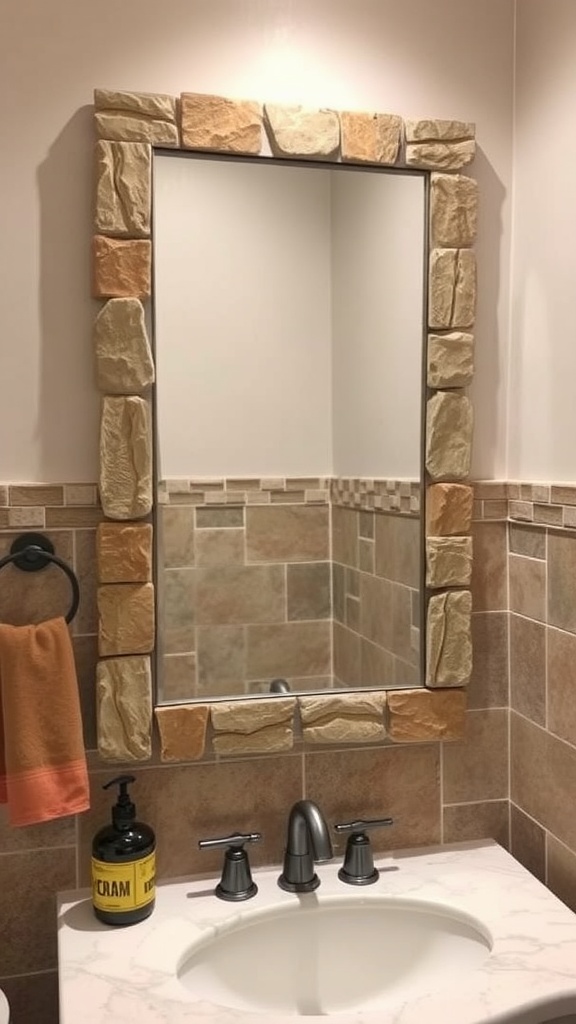 Rustic bathroom with stone tile accents around the mirror