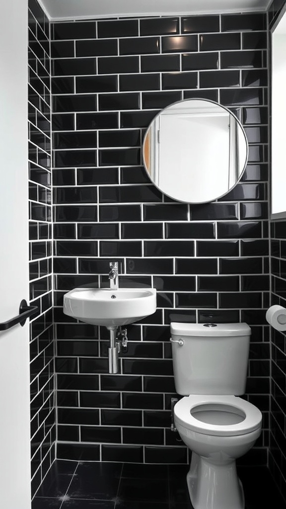 A modern bathroom featuring black subway tiles on the walls and contrasting white fixtures.