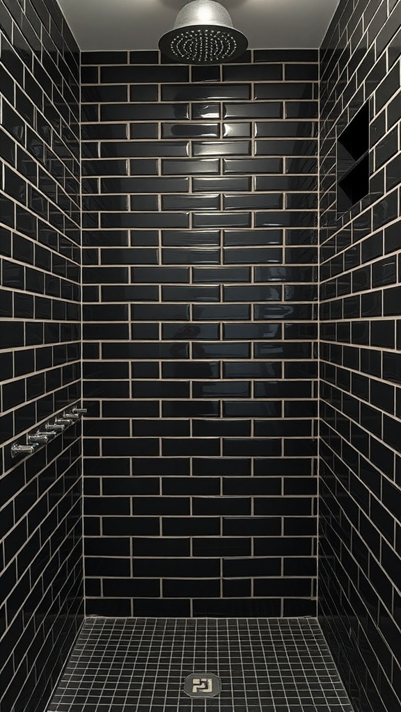 Stylish shower with black subway tiles and chrome fixtures