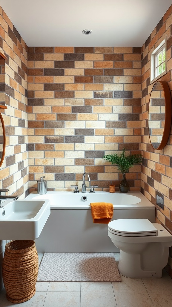 A rustic bathroom featuring warm-toned subway tiles in a staggered pattern, a white bathtub, and simple fixtures.