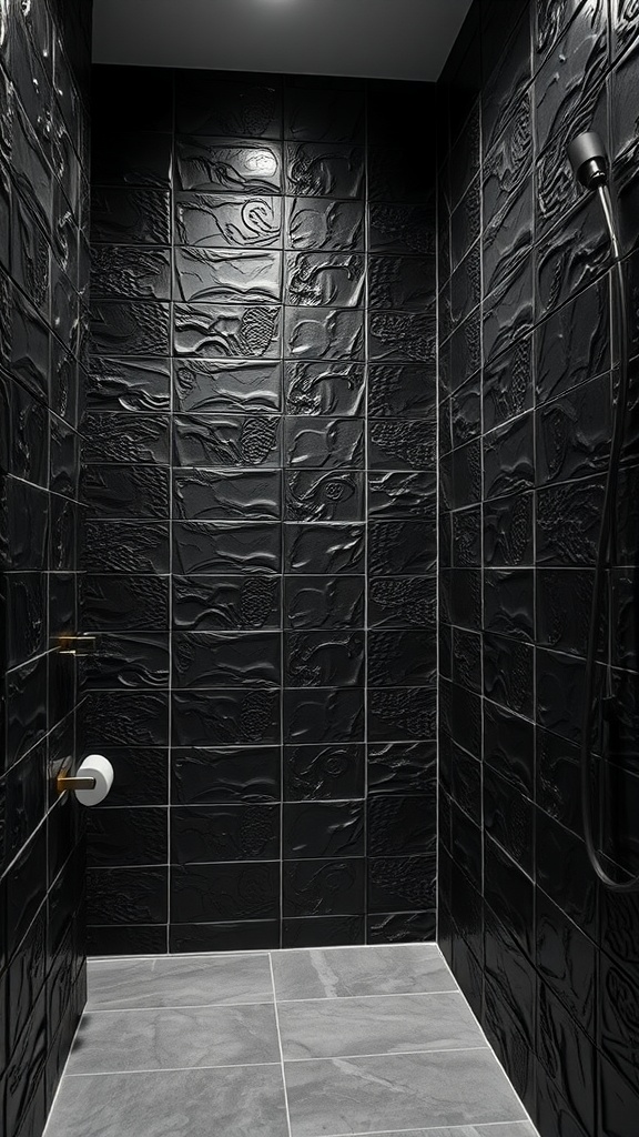 A bathroom with textured black wall tiles and gray floor tiles