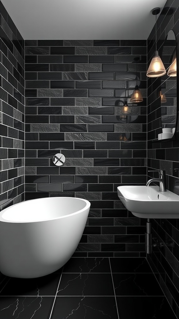 A modern bathroom featuring black subway tiles, a white freestanding bathtub, and stylish pendant lighting.