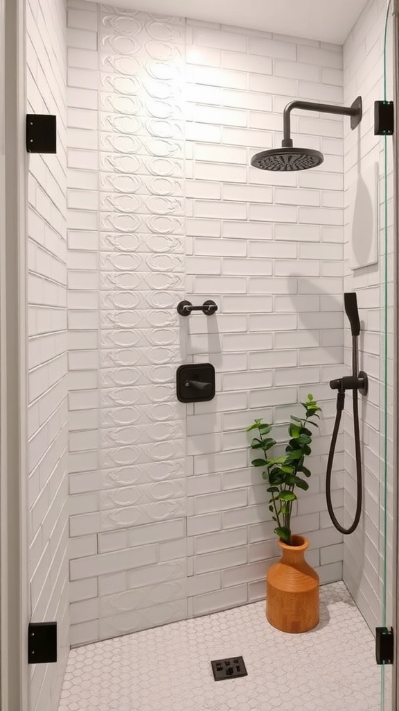 A modern farmhouse bathroom shower featuring white subway tiles and a textured accent wall, with a plant in a decorative pot