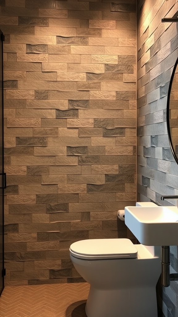 A rustic bathroom featuring textured wall tiles in earthy tones with a modern toilet and sink.