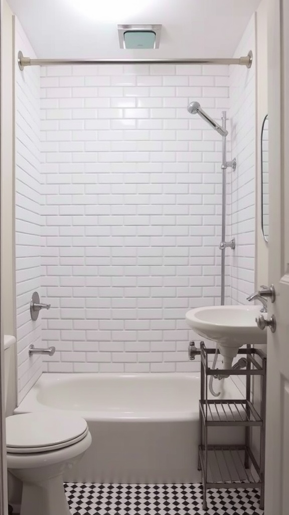 A vintage bathroom featuring white subway tiles on the walls and black and white patterned tiles on the floor.