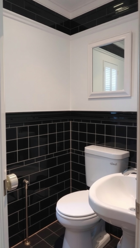 Black tile bathroom with white walls and black trim.