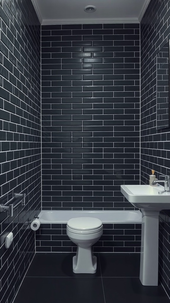 A black subway tile bathroom featuring a vertical layout that enhances visual height.