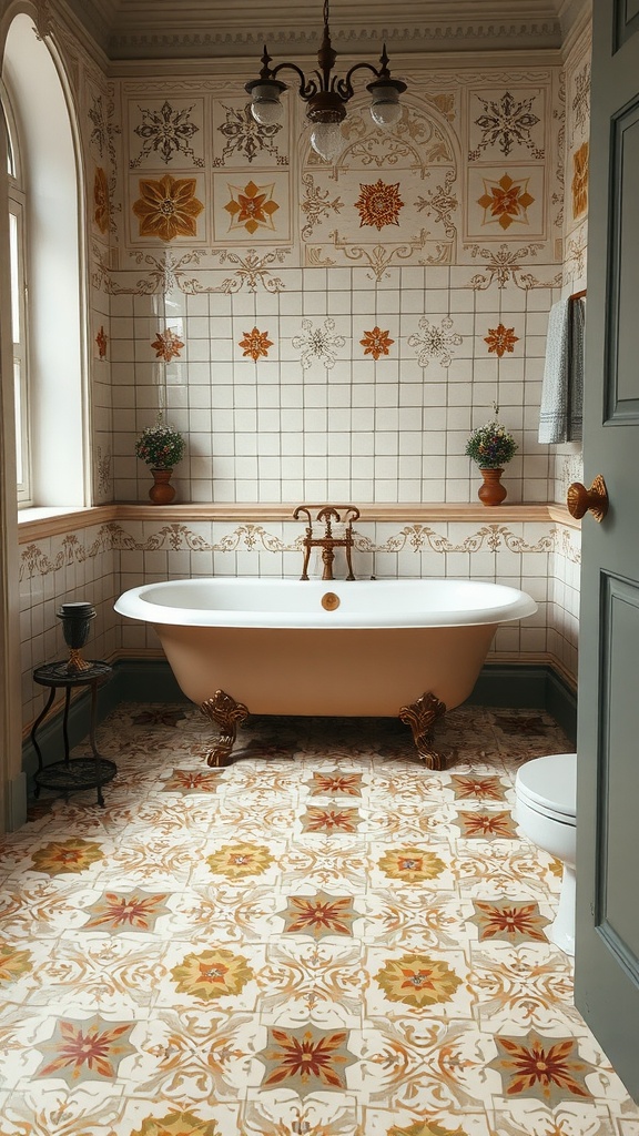 A vintage bathroom featuring Victorian style encaustic tiles with floral patterns, a clawfoot bathtub, and decorative plants.