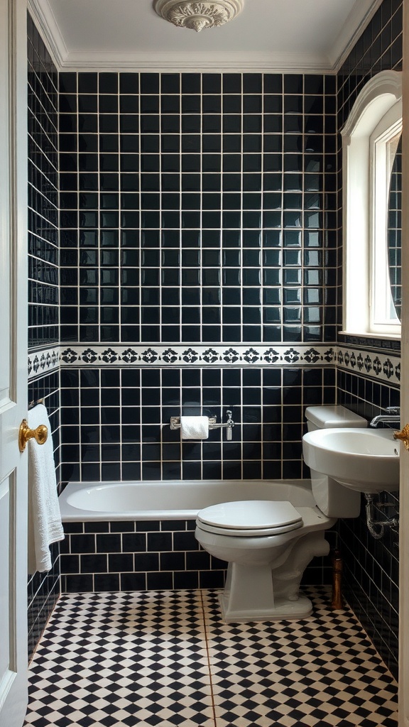 A vintage black and white themed bathroom with black tiles on the walls and a checkered floor.