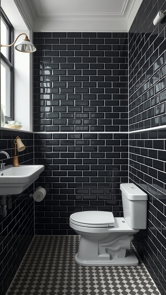 A black subway tile bathroom with black grout, featuring a white toilet and sink, and patterned floor tiles.
