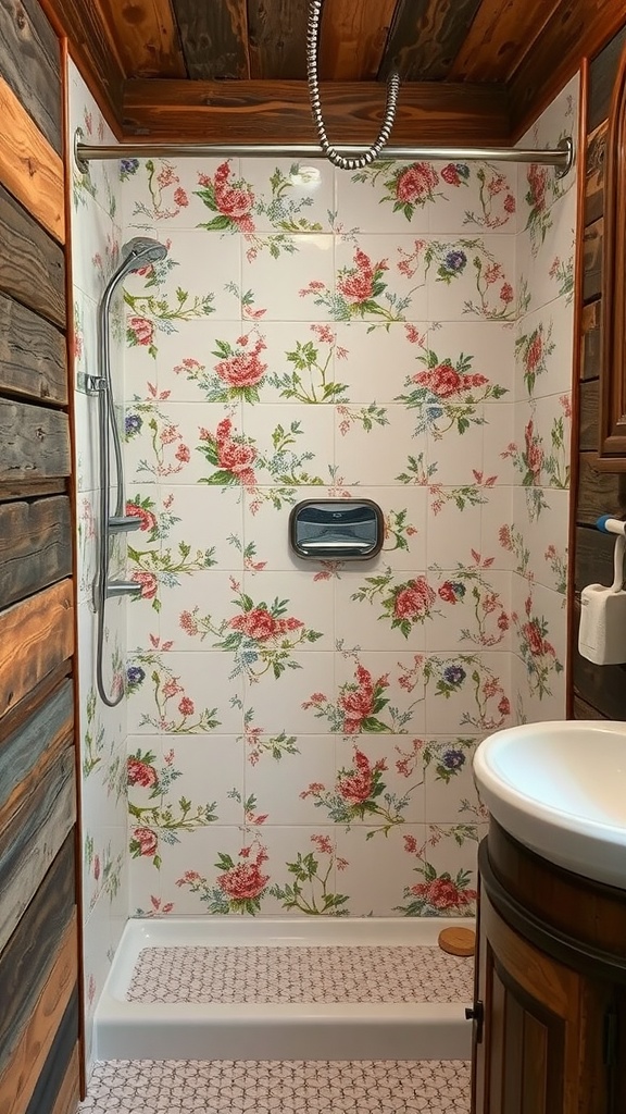 A vintage floral tile shower with rustic wooden elements in a farmhouse bathroom.