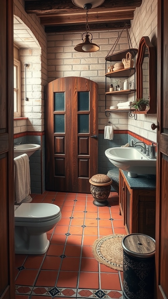 Rustic bathroom with vintage terracotta tiles, wooden door, and warm decor