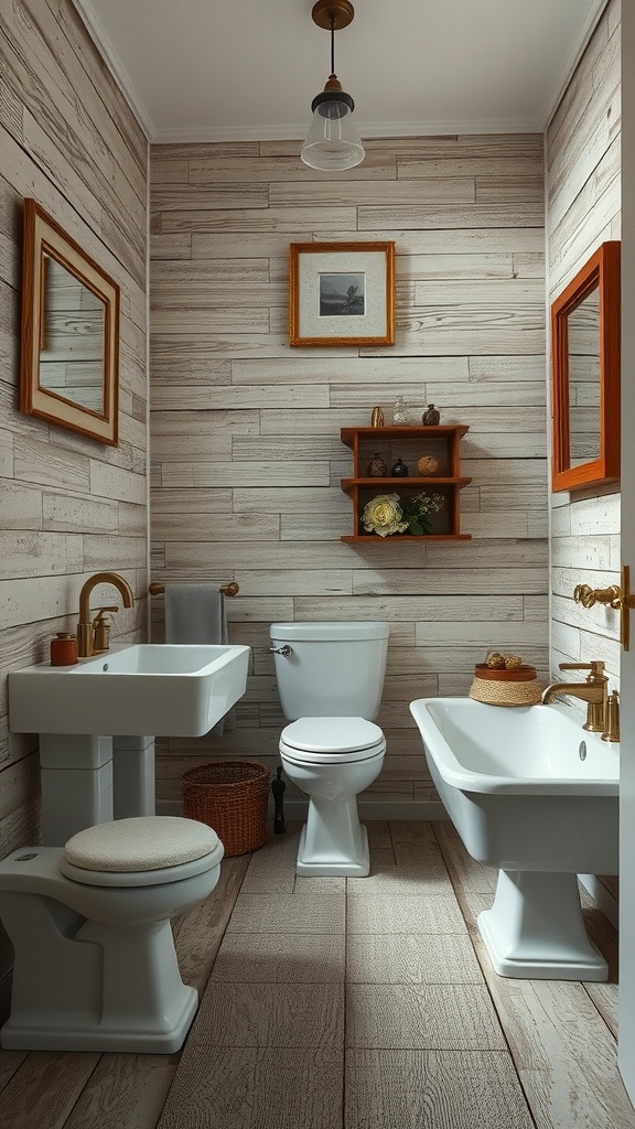 A cozy bathroom featuring weathered wood effect tiles on the walls and floor, white fixtures, and wooden accents.