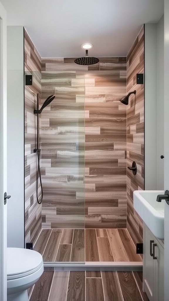 A modern farmhouse bathroom shower featuring wood-look ceramic tiles in warm brown tones with black fixtures.