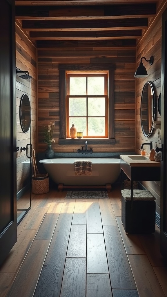 A rustic bathroom featuring wood-look plank tiles on the floor and wooden walls, with a cozy bathtub and natural decor.